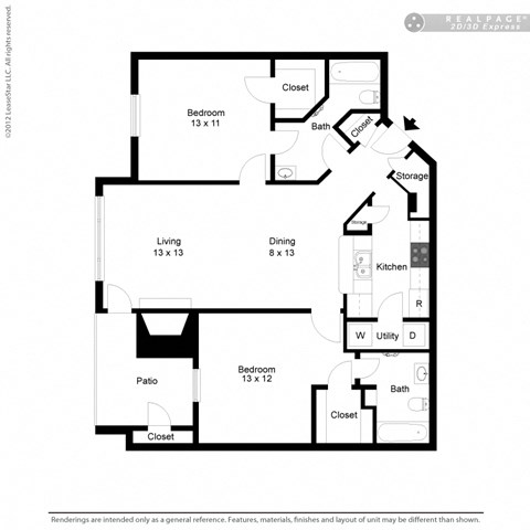 Floor plan for 2 beds, 2 baths, 1086 sqft